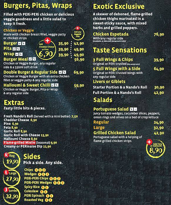 Nando's Menu, Menu for Nando's, Durban Central, Durban Zomato SA