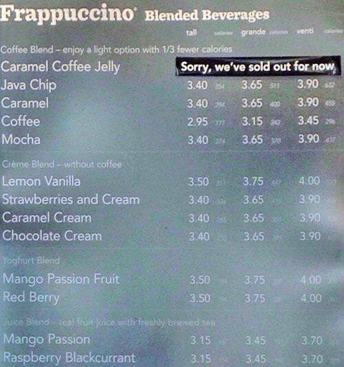 Starbucks, Corstorphine Menu