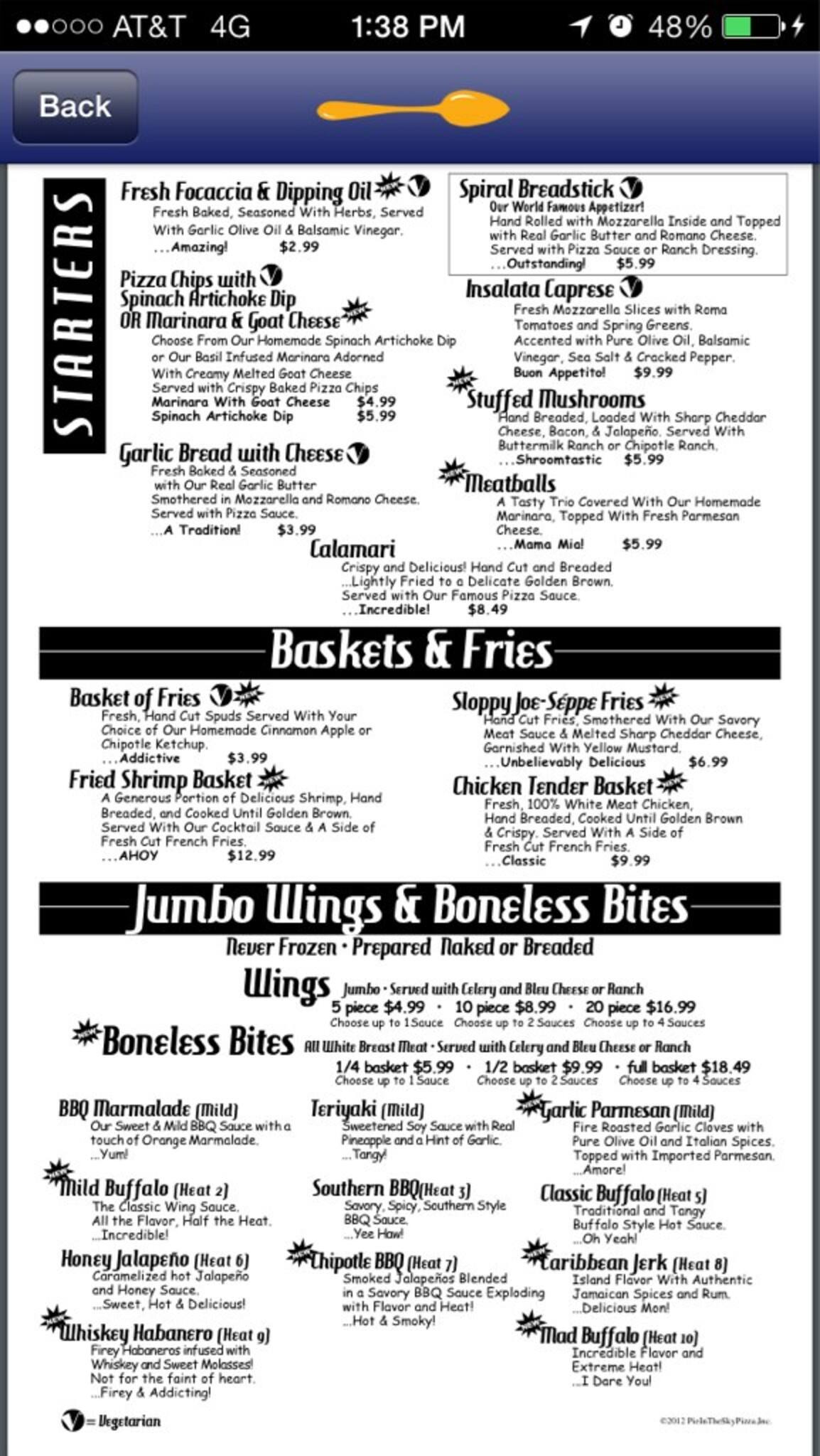 Pie in the Sky Pizza Menu, Menu for Pie in the Sky Pizza, Madison