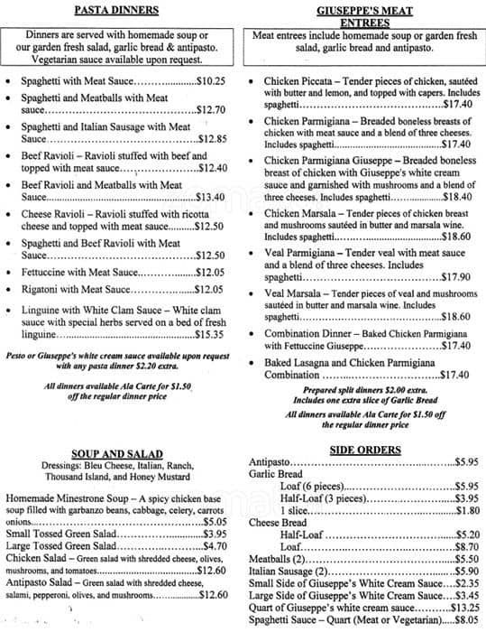 Giuseppe's Italian Menu, Menu for Giuseppe's Italian, Gresham, Gresham ...