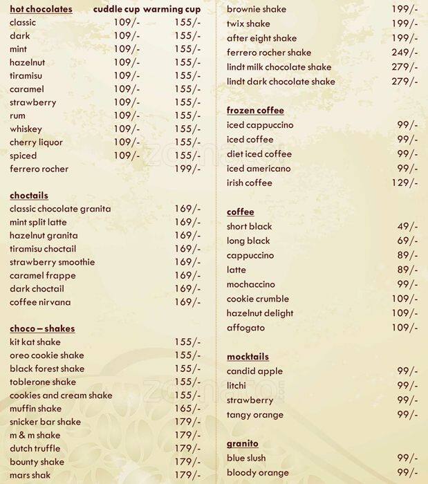 The Chocolate Room Menu, Menu for The Chocolate Room, Anand Wali Goan