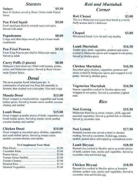Rasa Malaysian Menu, Menu for Rasa Malaysian, Te Aro, Wellington City