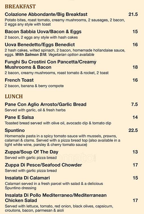 Spuntino Italian Pizzeria & Mediterranean Cafe Menu Zomato New Zealand