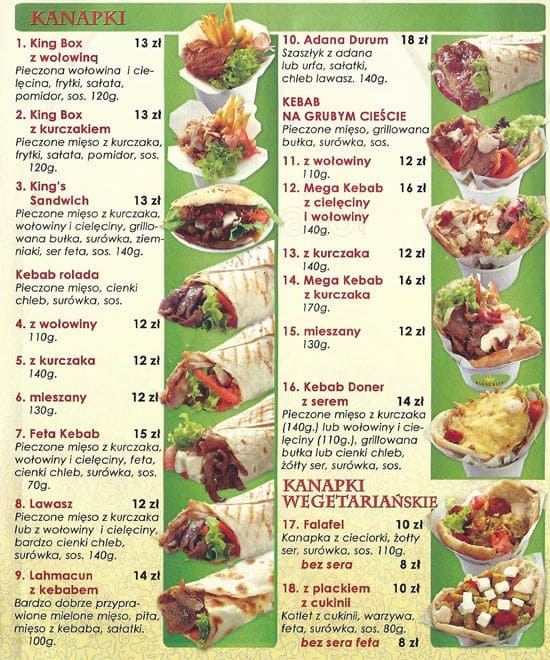 Kebab King, Tarchomin Menu