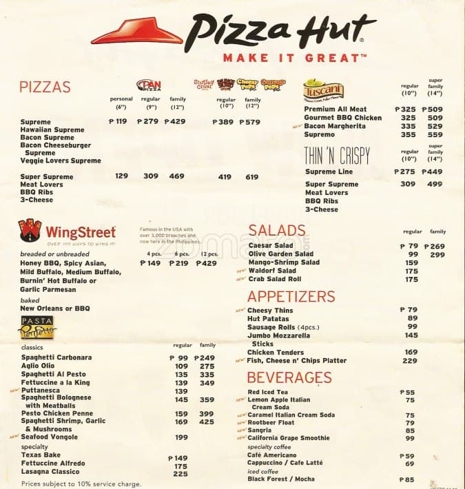Pizza Hut Menu, Menu for Pizza Hut, South Caloocan, Caloocan City