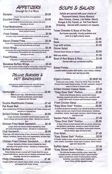 Elijah's Cafe Menu, Menu for Elijah's Cafe, Jasper, Jasper - Zomato ...