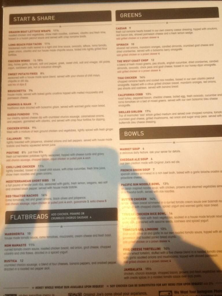 Original Joe's Restaurant & Bar Menu Urbanspoon/Zomato