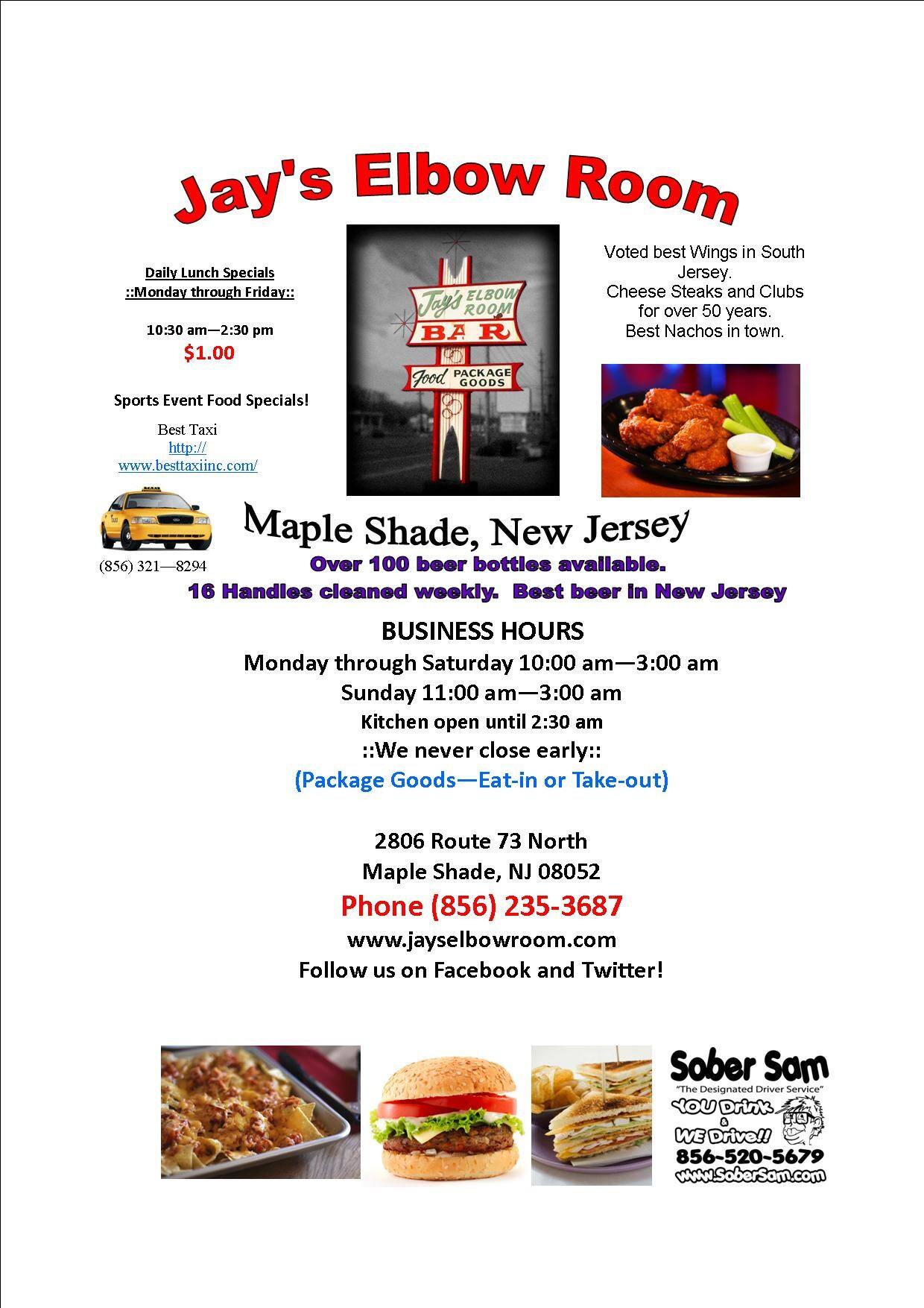 Jays Elbow Room Menu, Menu for Jays Elbow Room, Burlington County