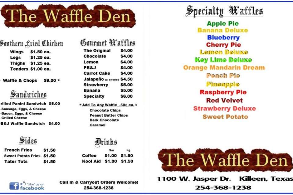 The Waffle Den Menu, Menu for The Waffle Den, Killeen, Killeen Urbanspoon/Zomato
