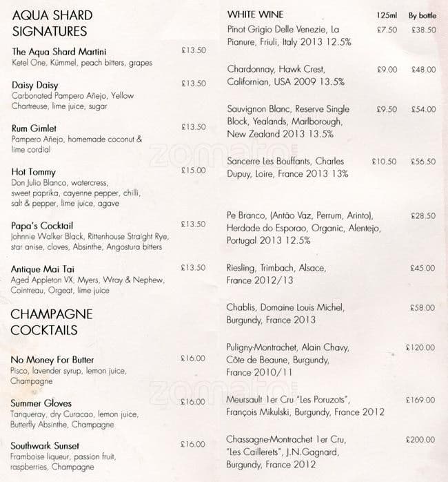 Atrium Bar Menu,Menú para Atrium Bar, London Bridge, London Zomato UK