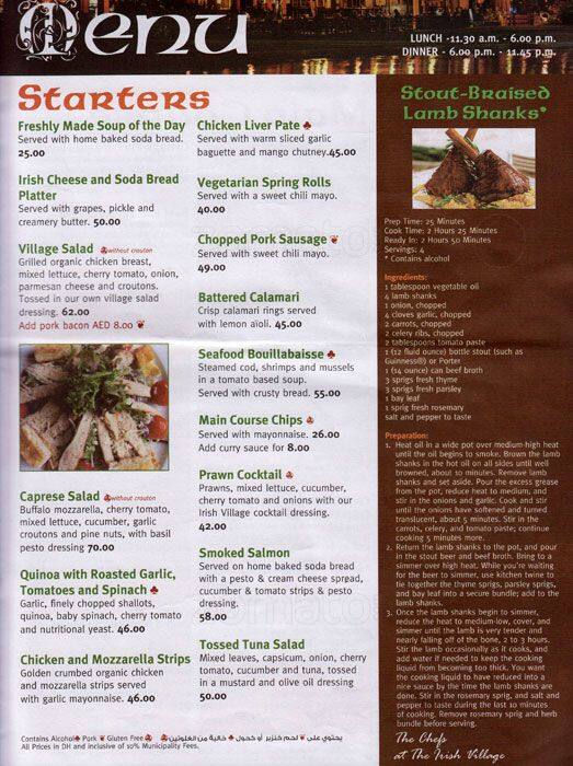The Irish Village Menu, Menu for The Irish Village, Garhoud, Dubai Zomato UAE