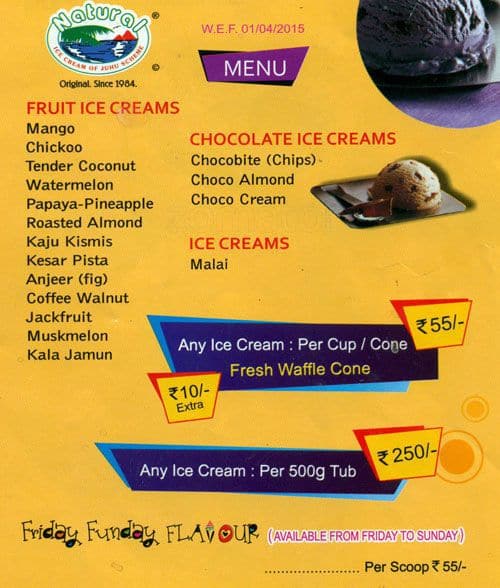 Natural Ice Cream Menu, Menu for Natural Ice Cream, Srinagar Colony