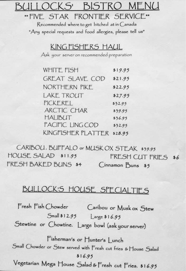 Bullocks' Bistro Menu, Menu for Bullocks' Bistro, Yellowknife